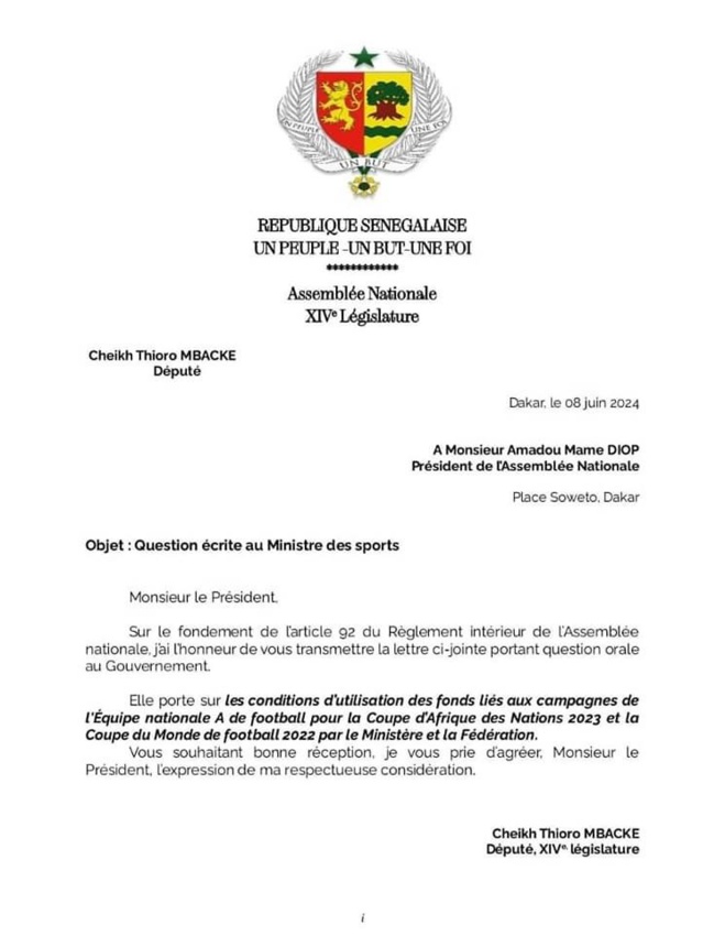 Exigence de Transparence sur les Fonds de l'Équipe Nationale : Cheikh Thioro Mbacké Interpelle le Ministre des Sports Exigence de Transparence sur les Fonds de l'Équipe Nationale : Cheikh Thioro Mbacké Interpelle le Ministre des Sports