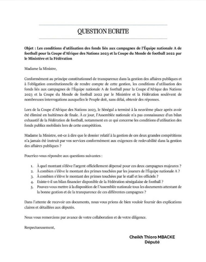 Exigence de Transparence sur les Fonds de l'Équipe Nationale : Cheikh Thioro Mbacké Interpelle le Ministre des Sports Exigence de Transparence sur les Fonds de l'Équipe Nationale : Cheikh Thioro Mbacké Interpelle le Ministre des Sports