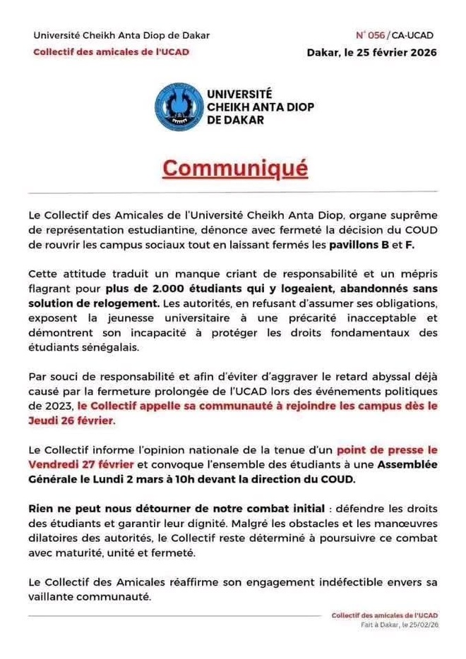 Université Cheikh Anta Diop : le Collectif des Amicales dénonce la réouverture partielle des campus sociaux Université Cheikh Anta Diop : le Collectif des Amicales dénonce la réouverture partielle des campus sociaux